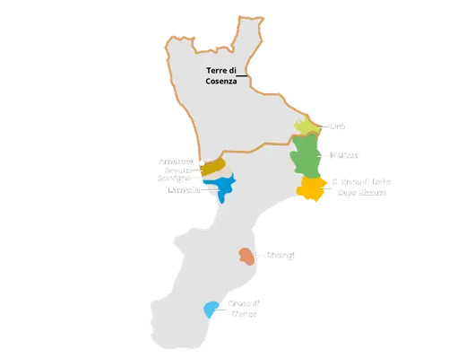 Mappa DOC della Calabria con la posizione di Amantea e L'800 Locanda a Palazzo